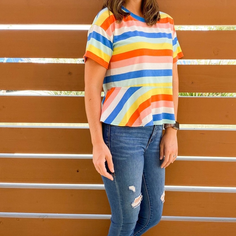 NWOT Rainbow Stripe Ruffle Hem Top